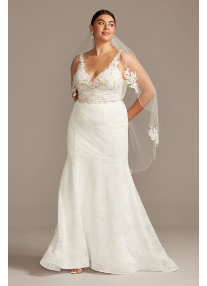 Floral Illusion V-Back Plus Size Wedding Dress - Dramatically embroidered floral appliques look like they're floating